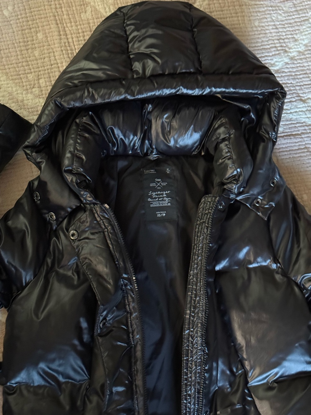 GAP 75% DOWN BLACK PUFFER JACKET WAIST TIE & DETACHABLE HOOD
